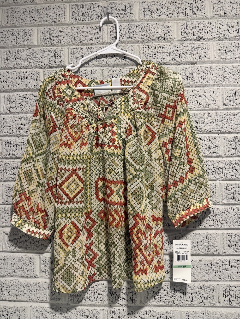 Alfred Dunner Olive, Rust and Cream Geometric Peasant Blouse
